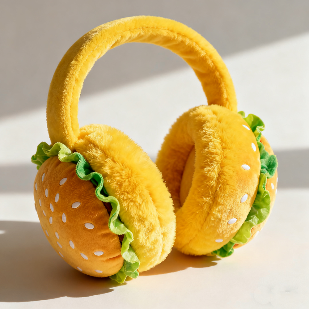 Side view of the cozy plush burger earmuffs