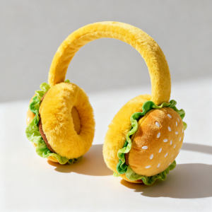 Custom Plush Burger Earmuffs on a white background
