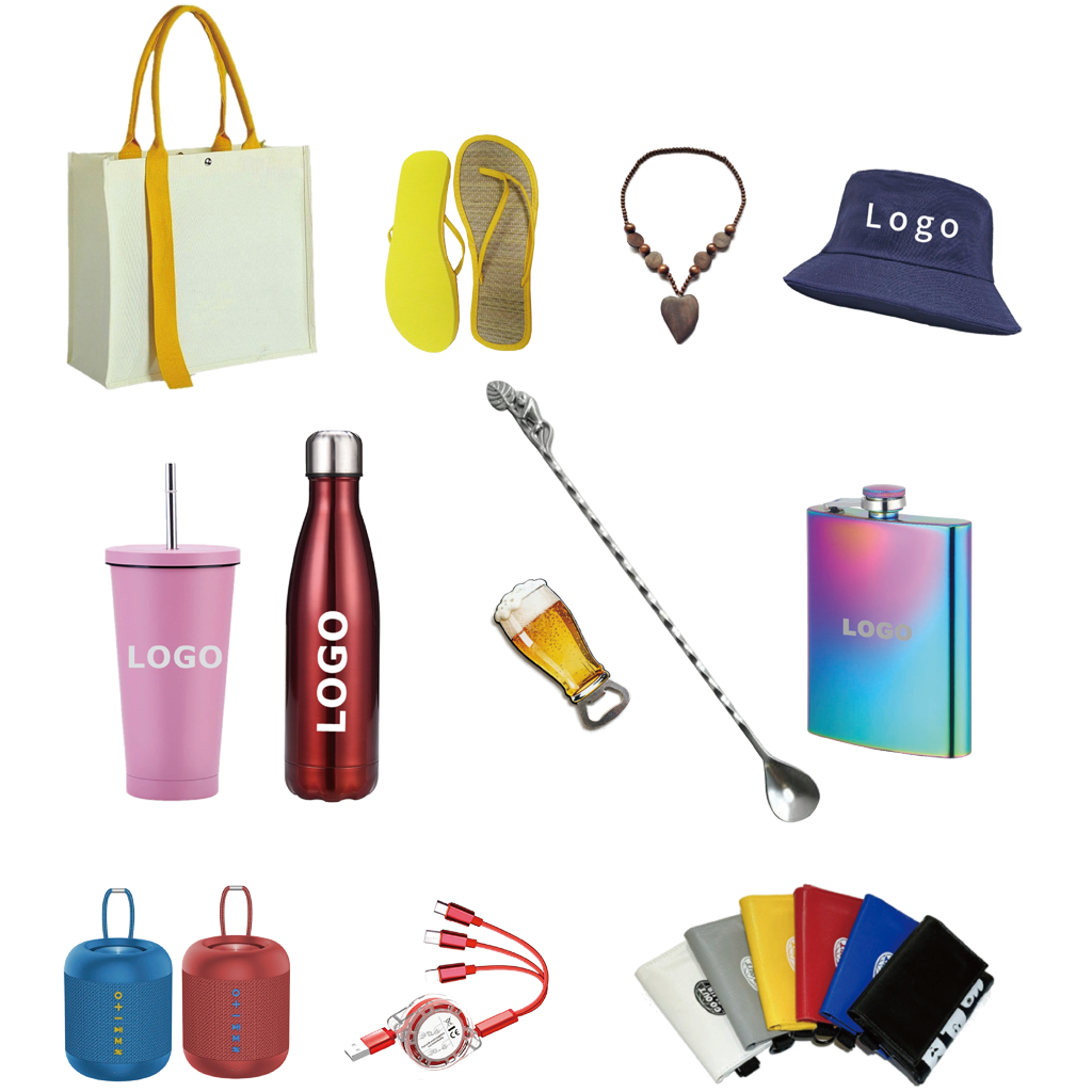 Custom promotional gifts collage (branded pens, tote bags, keychains, mugs) – for wholesale on a gift customization homepage