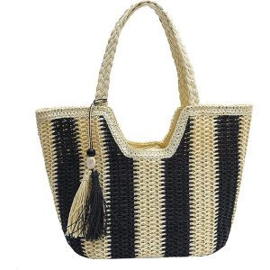 handmade straw beach tote bag striped large capacity summer shoulder bag